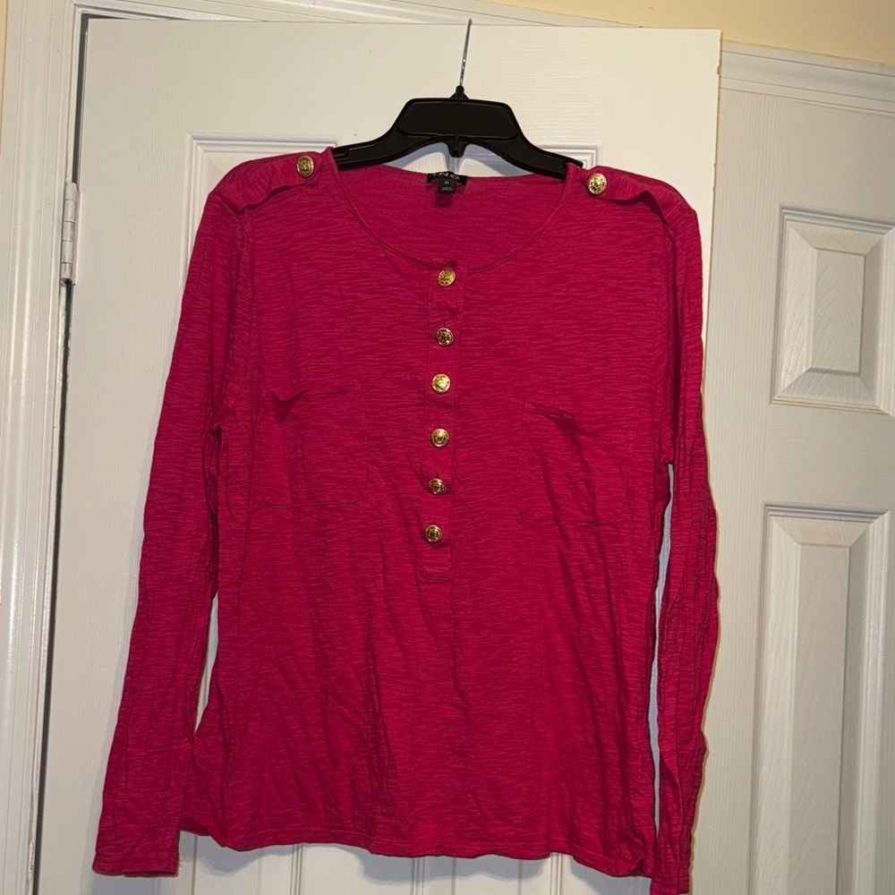 INC International Concepts Fuchsia Button-Accent Long Sleeve Top